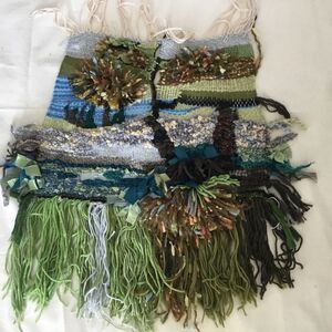 OOAK handmade woven wall hanging blue green. A0002